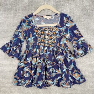 Tucker Tate Girls Blue Orange Floral Print‎ Bell Sleeve Square Neck Dress Size 2